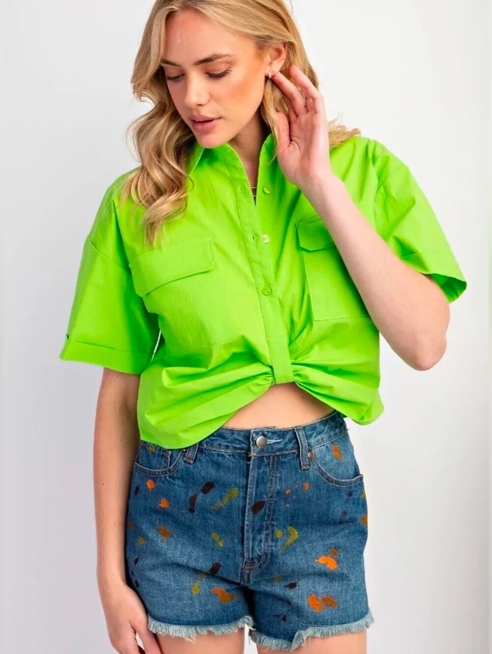NWT Easel Lime Green Short Sleeve Button Shirt Size Medium